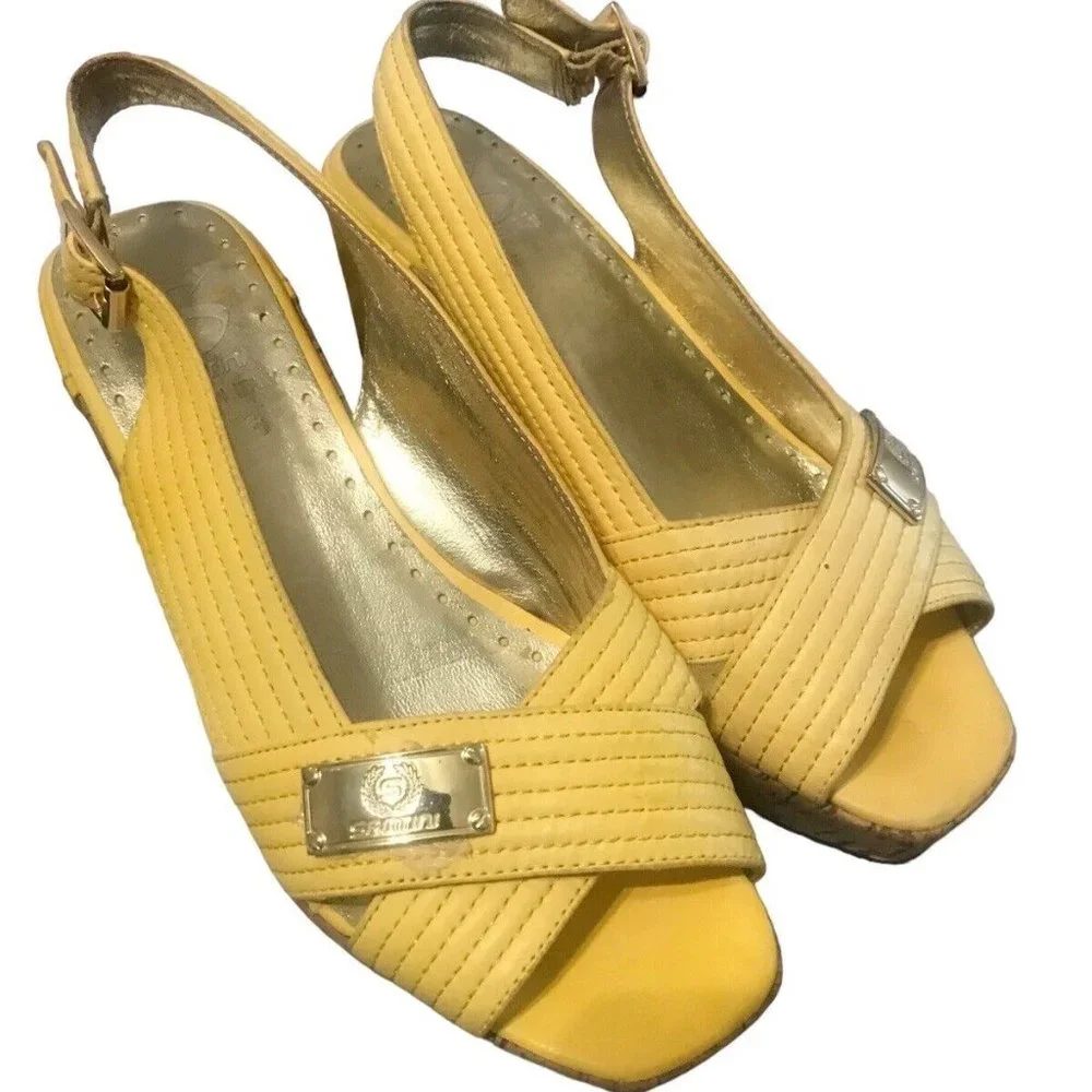 Massimo Santini Womens 6 Yellow Wedge Buckle Cork Slingback Sandals Italy …